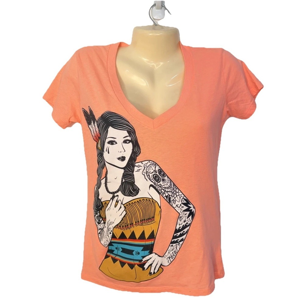 Jr's Large Slim Fit Fatal Clothing Womens V Neck Graphic Peach Y2K Tattoo Girl